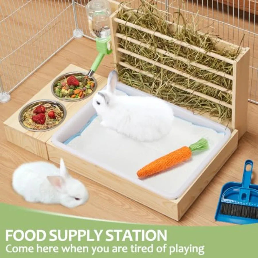 4 in 1 Wooden Rabbit Feeder With Litter Box Bottle
