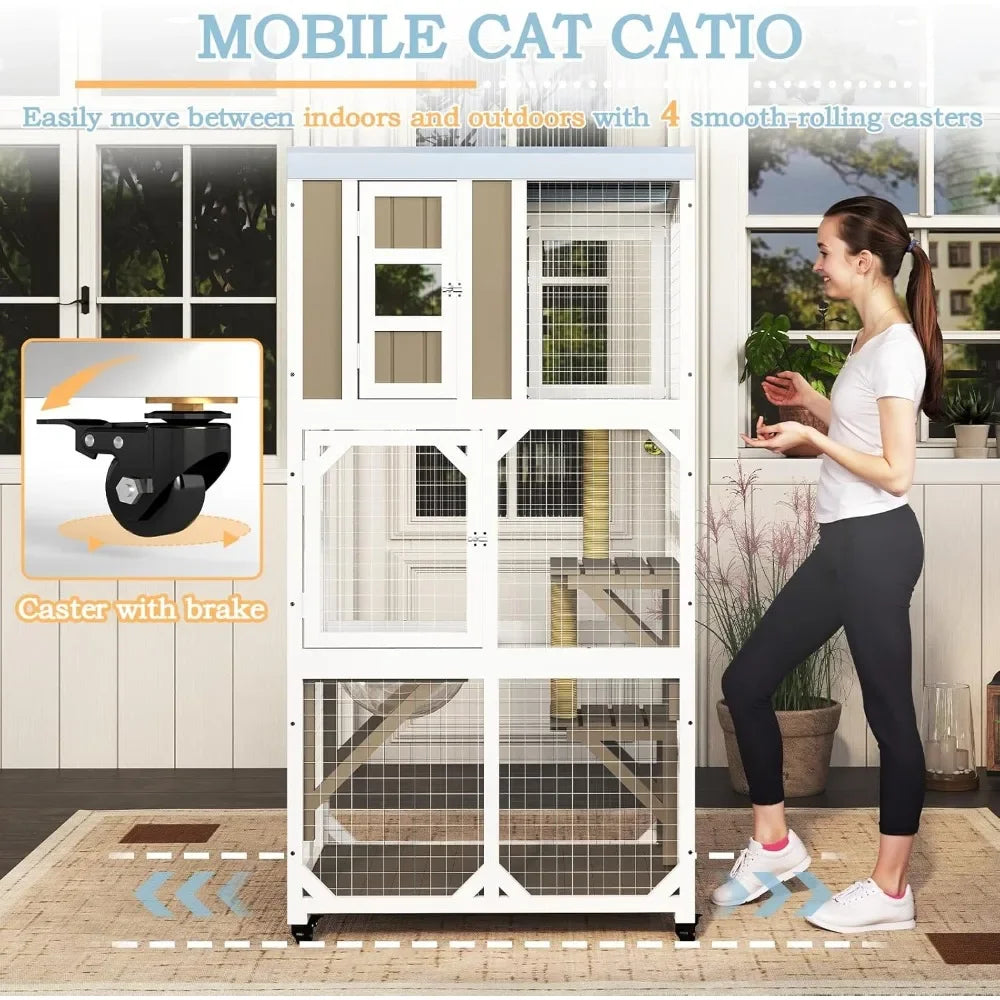 Wooden Outdoor Window Cat Enclosure With Wheels And Platforms