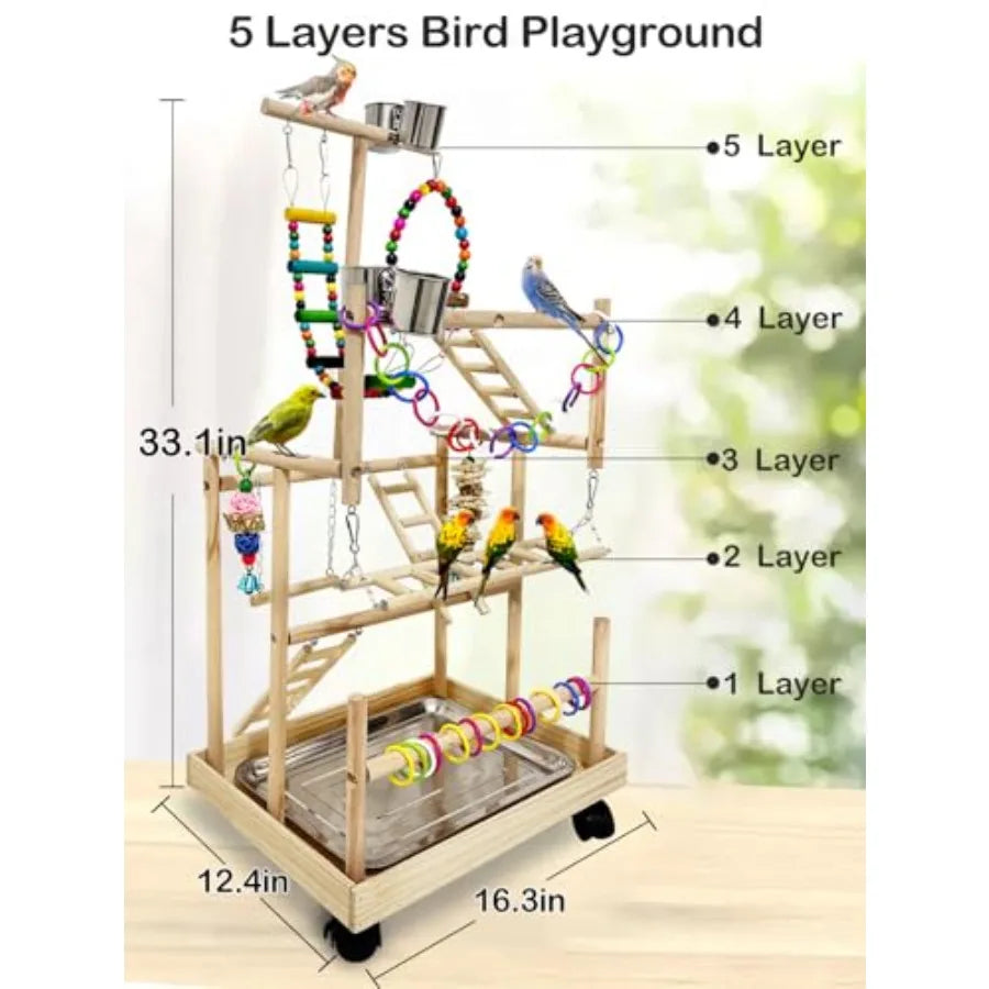 Natural Wood Bird Playstand With Wheel Parrot Playground Perch