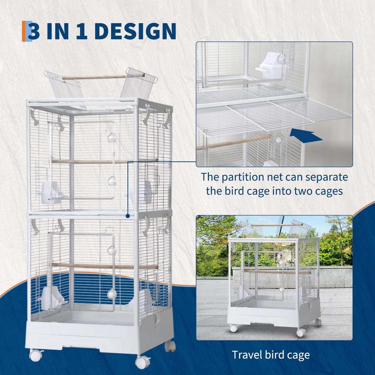 HiMISS 3 in 1 Bird Cage With Wheels Top Stand For Parakeets Canaries Lovebirds