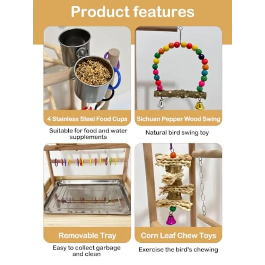 Natural Wood Bird Playstand With Wheel Parrot Playground Perch