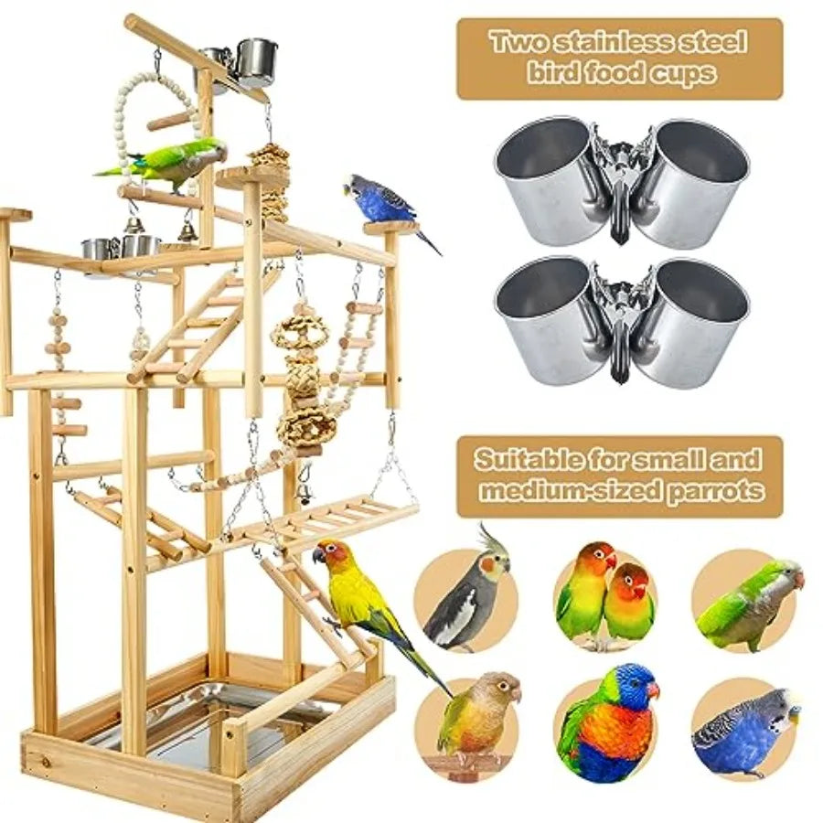 Natural Wood Bird Playground Parrot Playstand With Perches And Tray