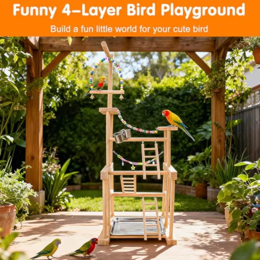 Bird Playground Parrot Playstand With Feeder Cups Swings Ladder Tray