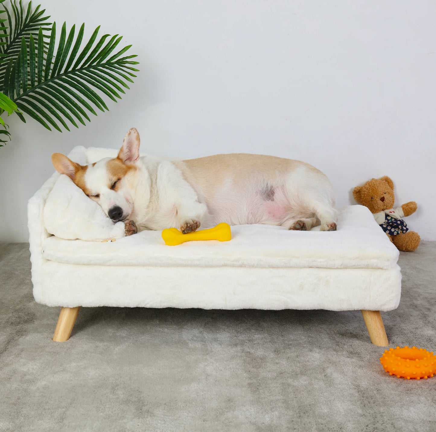 Elevated Solid Wood Leg Pet Bed For Indoor Dogs And Cats L Shape Plush Couch