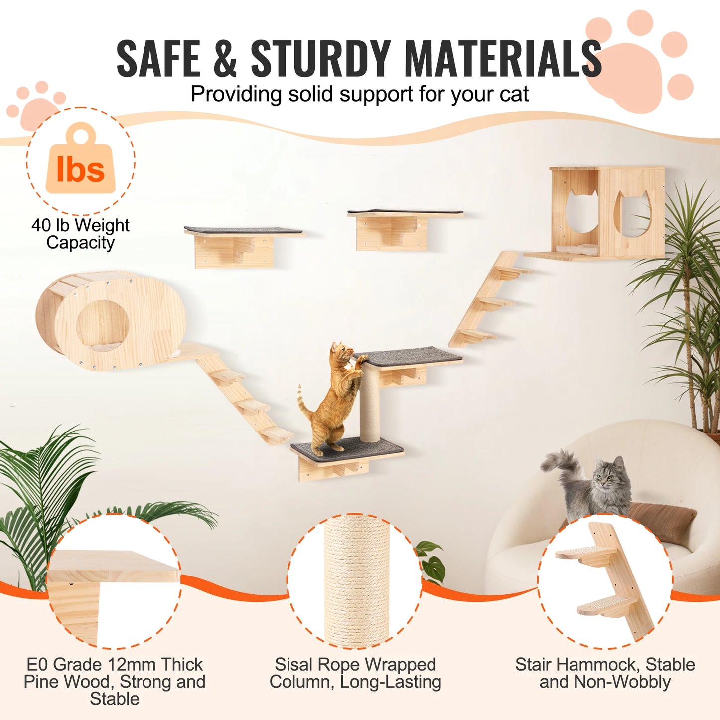 SucceBuy Wall Mounted Cat Shelves Perches Cat Tree With Hammocks