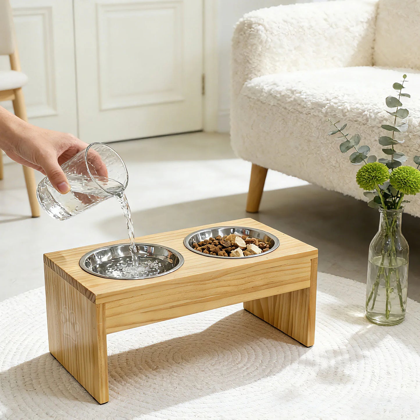 Wooden Elevated Dog Bowls With Stainless Steel Double Bowls Non Slip Feeder
