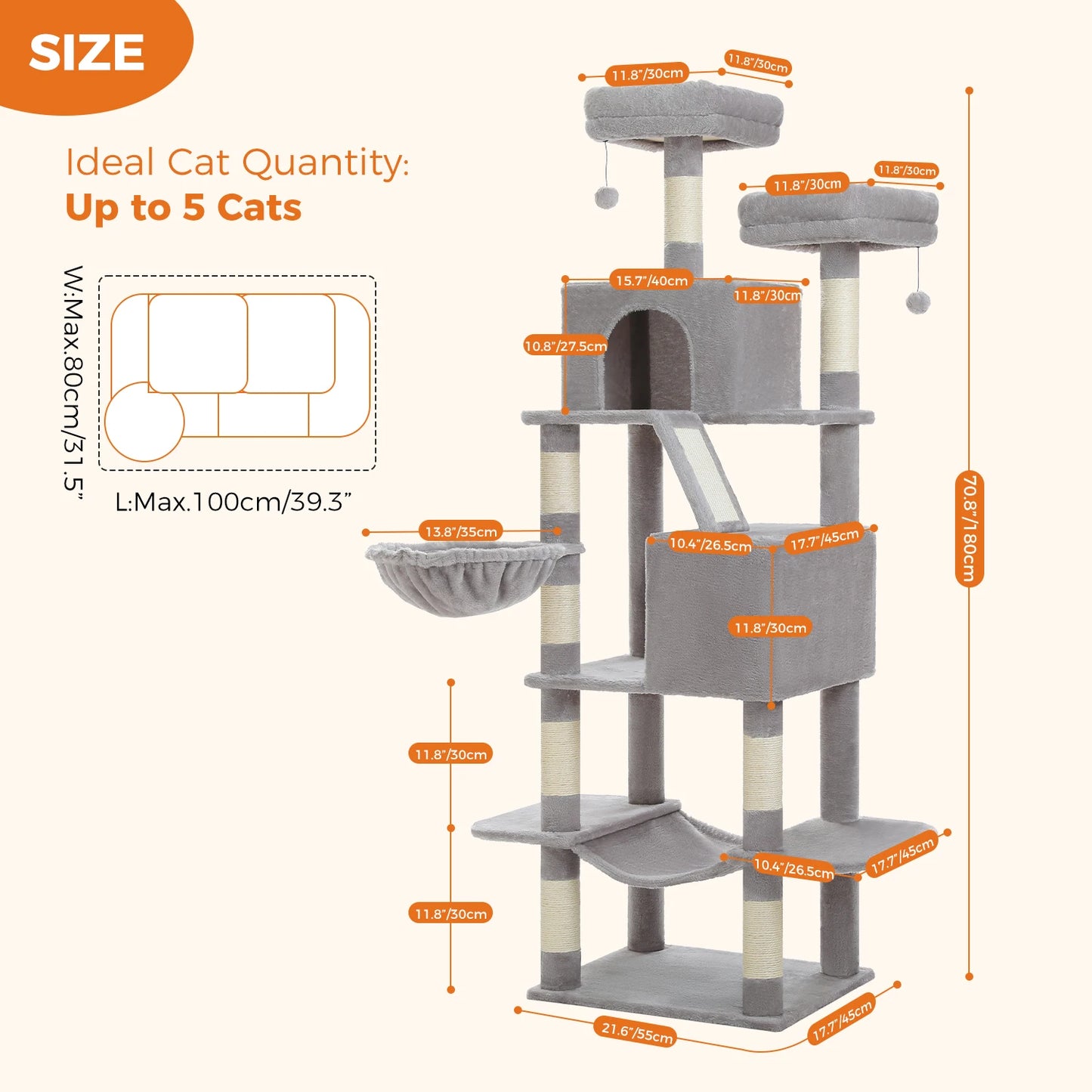 PAWZ Road Tall Cat Tree With Scratching Posts And Five Levels