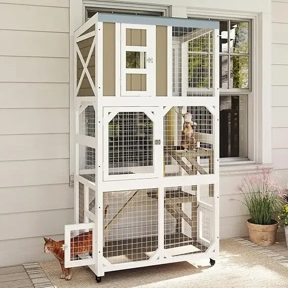 Wooden Outdoor Window Cat Enclosure With Wheels And Platforms