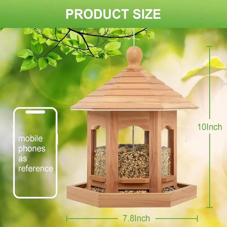 Hexagon Gazebo Style Wooden Bird Feeder Natural Cedar Hanging