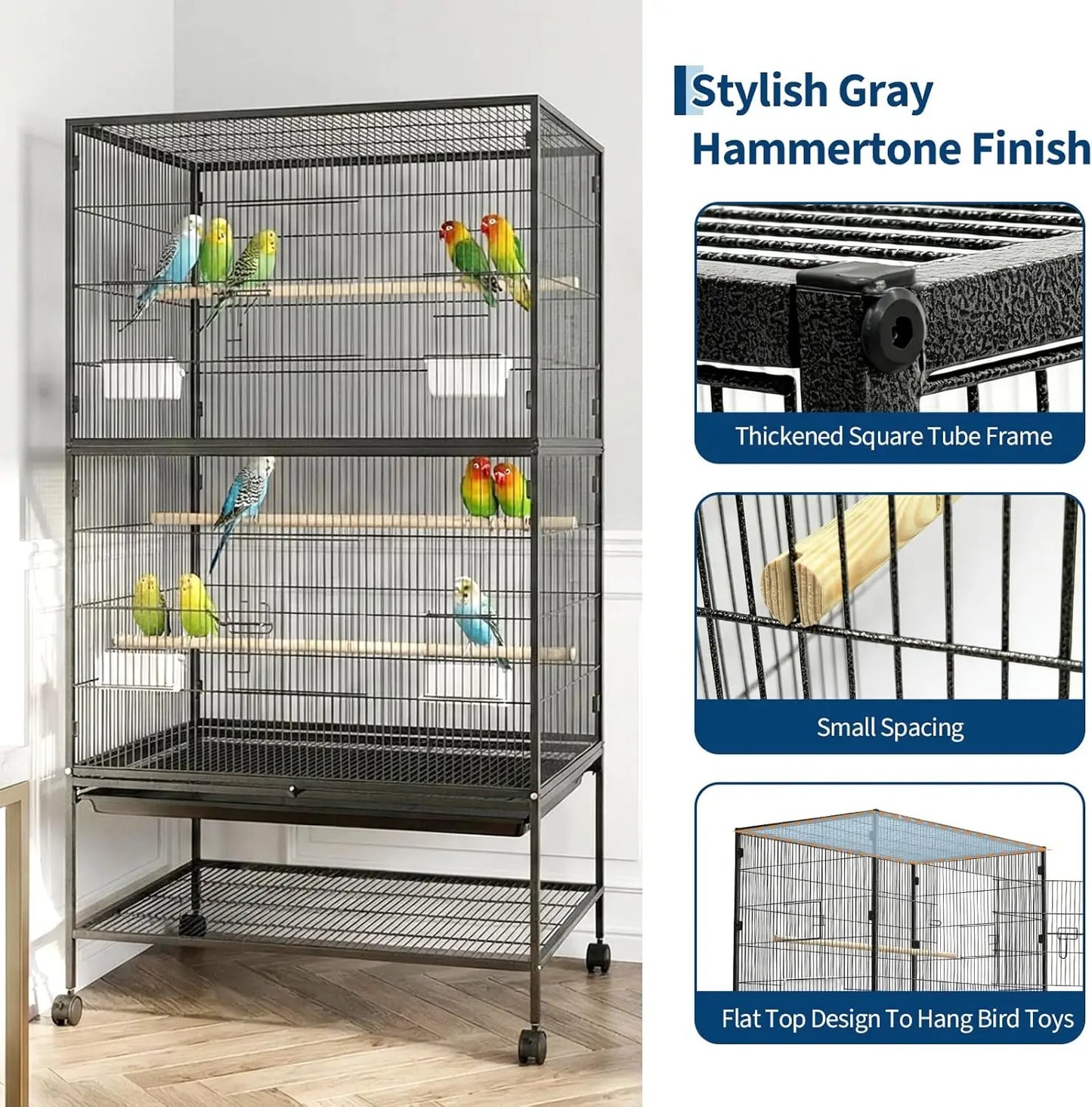 HiMISS Parakeet Cage With Rolling Storage Stands And Feed Bowls
