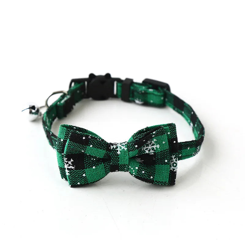 Christmas Bowknot Plaid Snowflake Cat and Dog Collar with Bell Adjustable