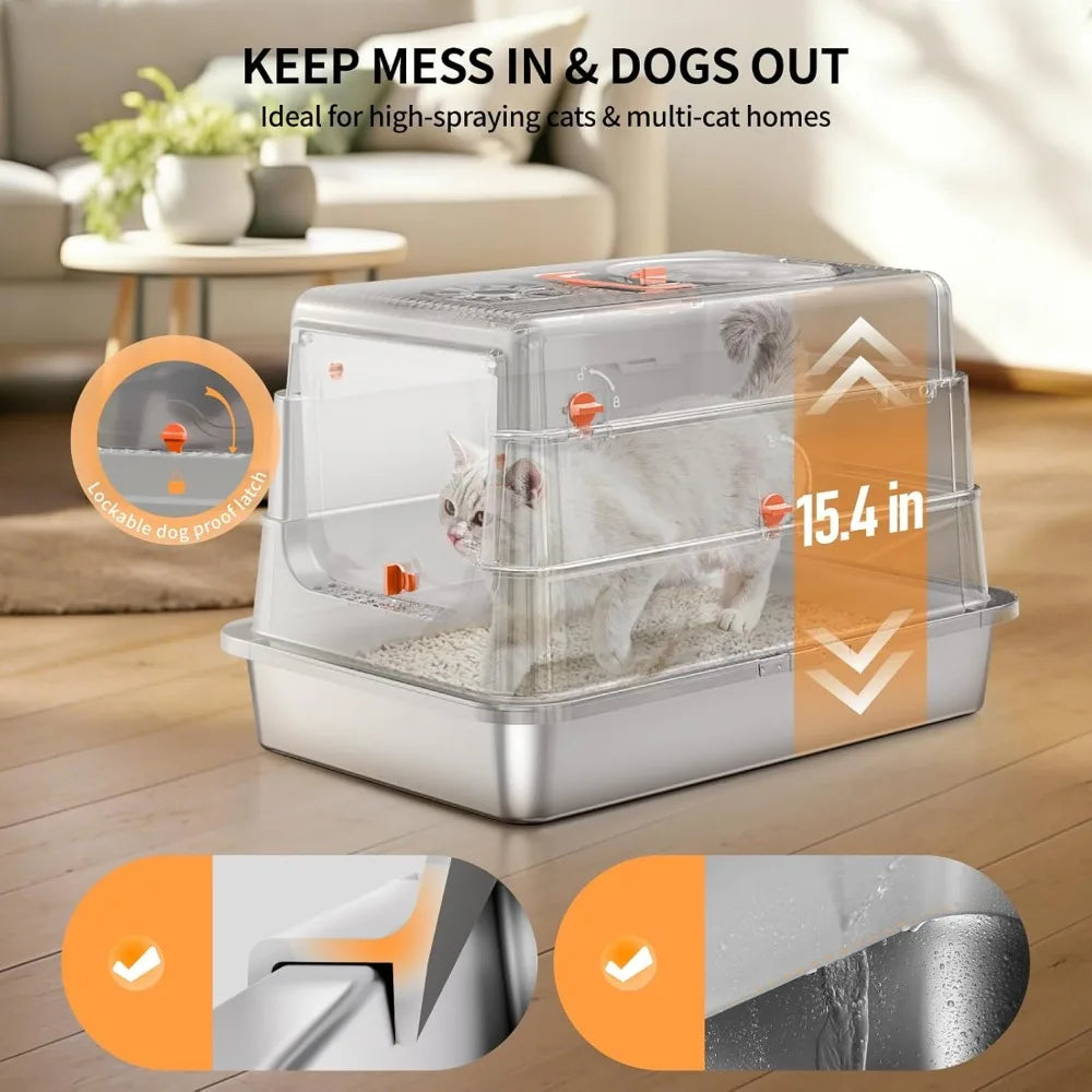 XIUWO Enclosed Stainless Steel Cat Litter Box With High Sides Flip Cover Scoop