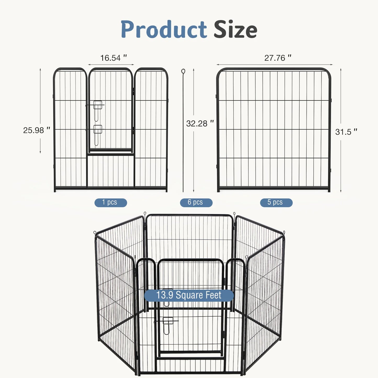 JHK Six Panels Metal Dog Playpen Fence Foldable Outdoor Pet Gate