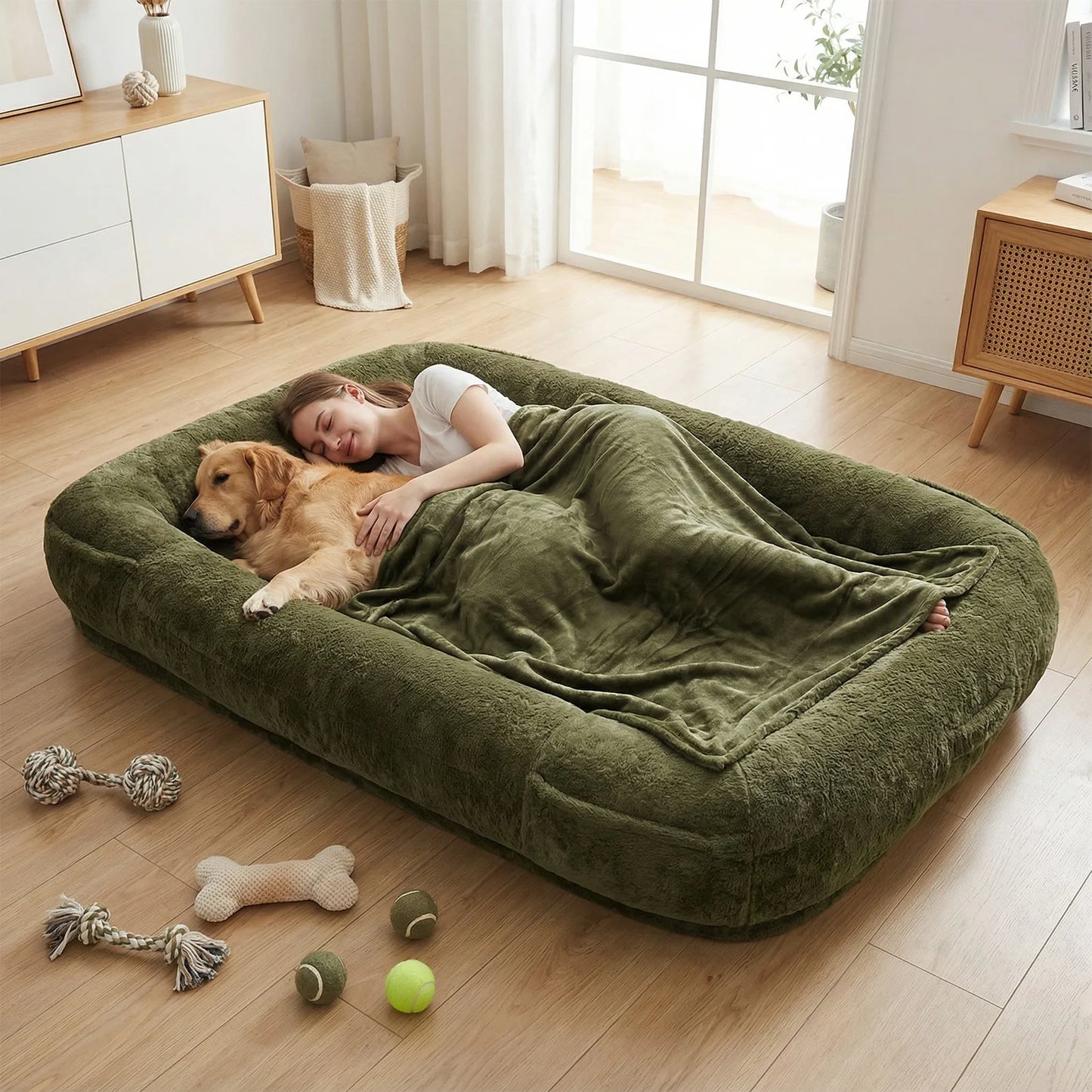 Human Dog Bed With Washable Plush Fur Cover And Blanket
