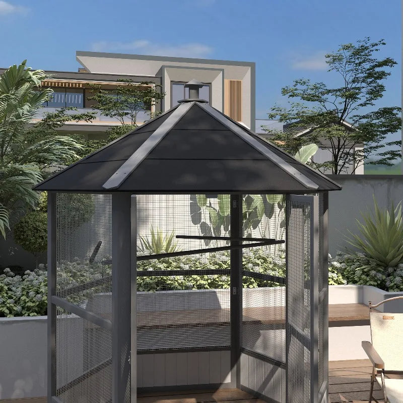 Hexagonal Outdoor Bird Cage Wooden Aviary With Waterproof Roof