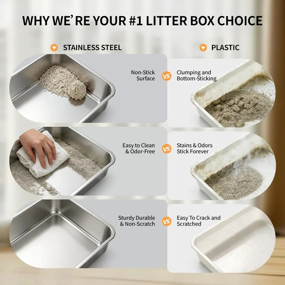XIUWO Enclosed Stainless Steel Cat Litter Box With High Sides Flip Cover Scoop