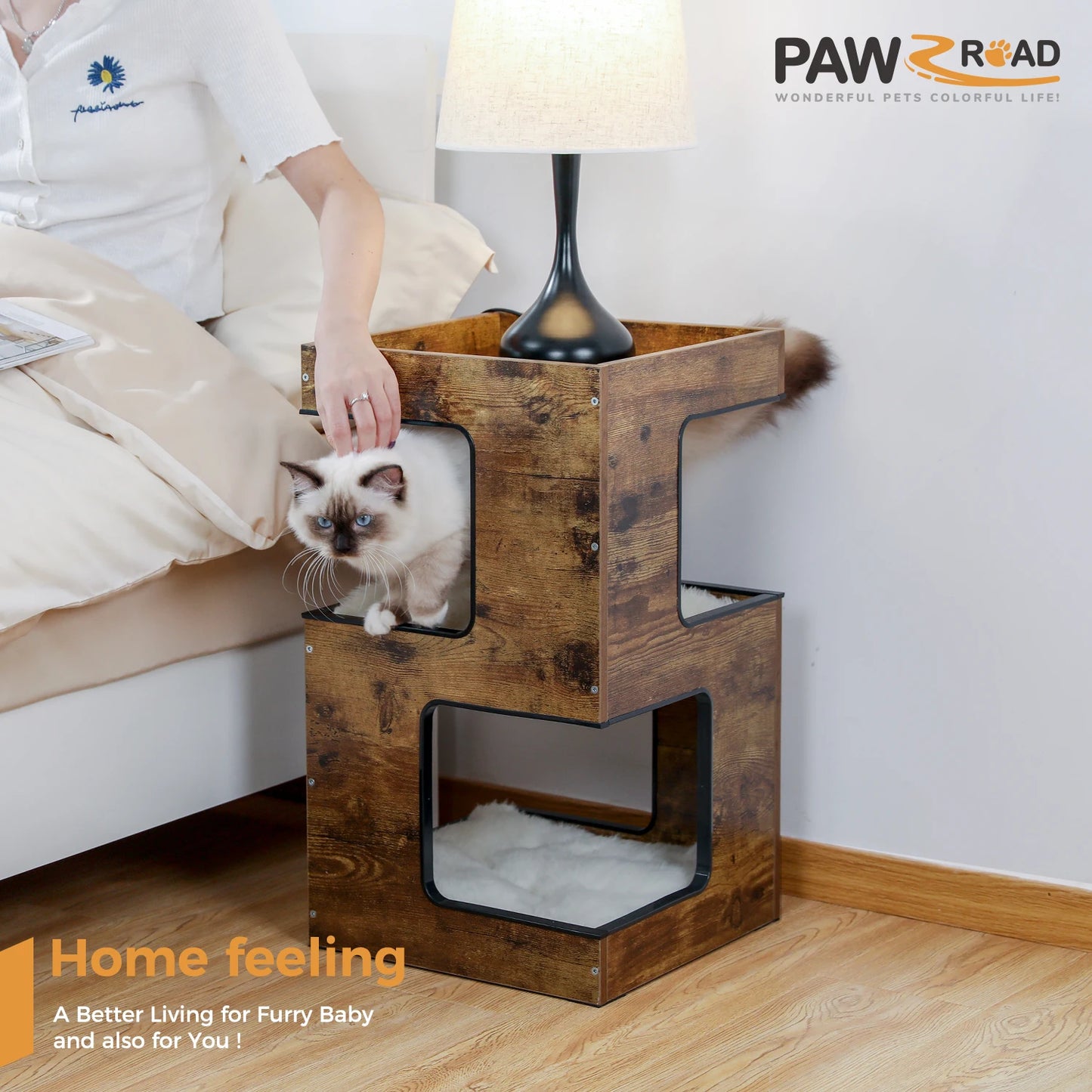 PAWZ Road Wood Cat Condo Bed With Removable Mats Scratching Pad Cat Tree
