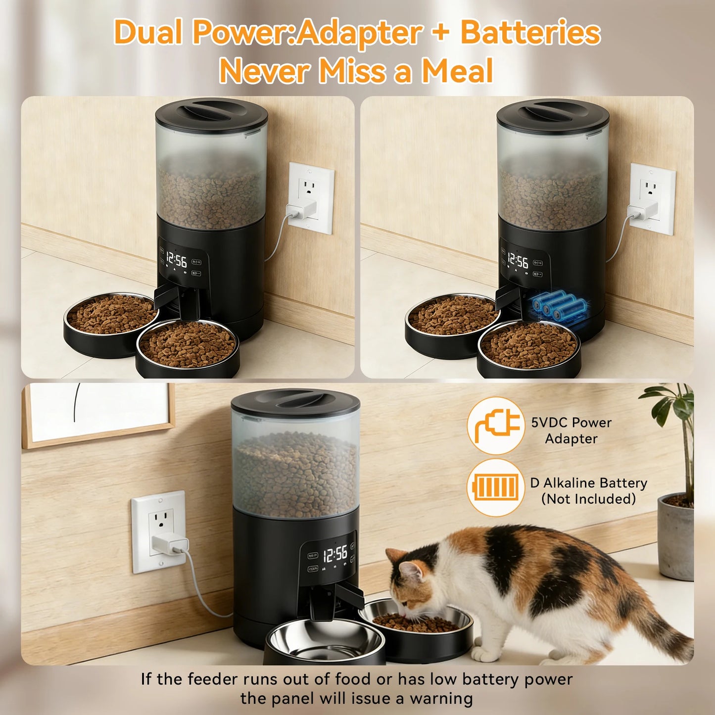Automatic Cat Feeder Timed Dual Bowls Dual Power Supply