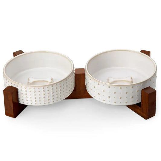 Walnut Wood Dog Bowl Set With Ceramic Dual Bowls Non Slip