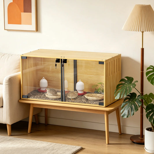Wooden Small Animal Cage With Tempered Glass Panels For Hamsters