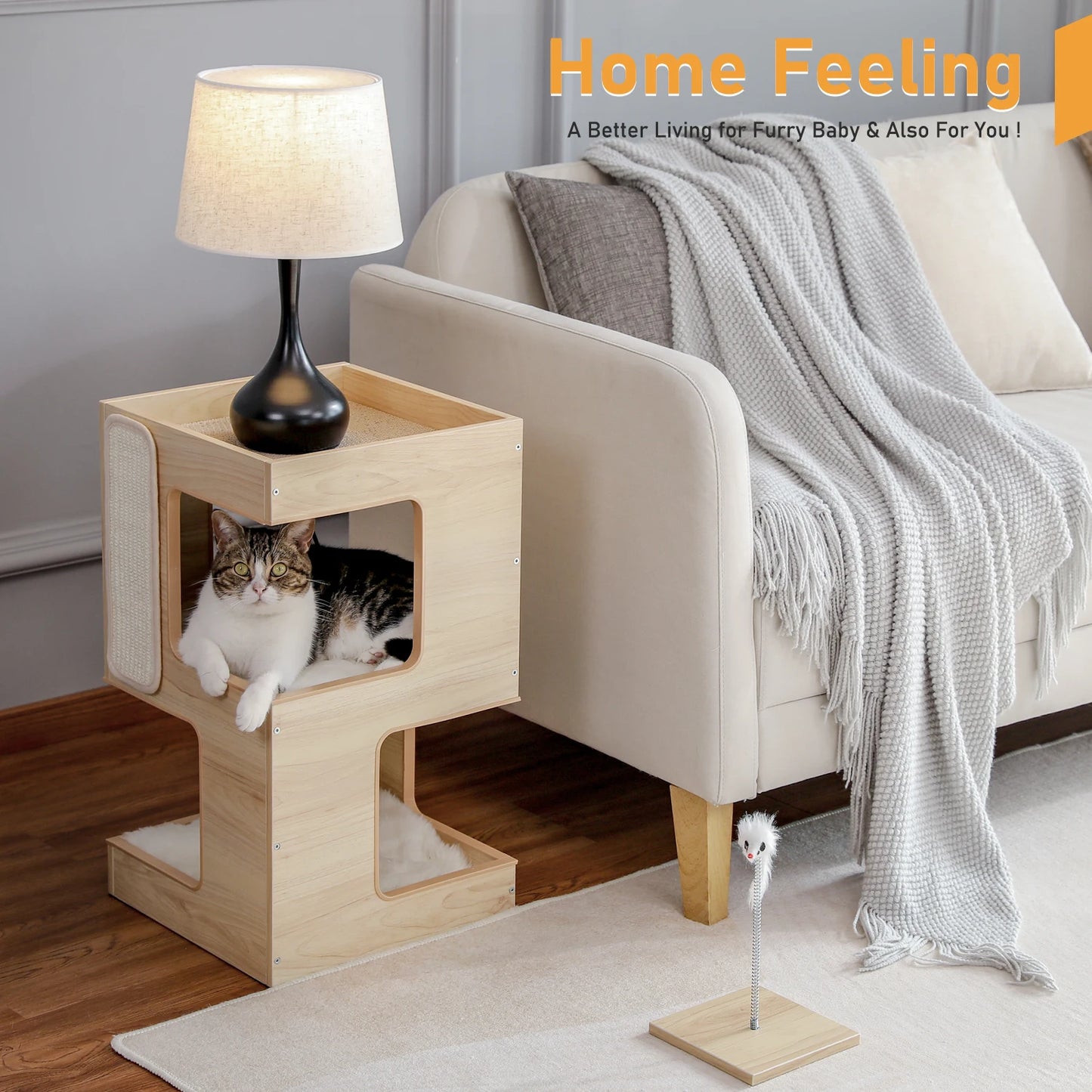 PAWZ Road Wood Cat Condo Bed With Removable Mats Scratching Pad Cat Tree
