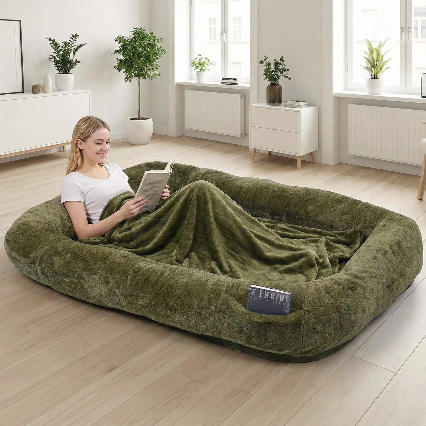 Human Dog Bed With Washable Plush Fur Cover And Blanket