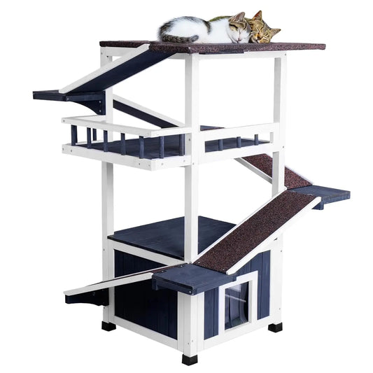 Weatherproof Wooden Outdoor Cat Tree Shelter With Escape Door Multi Level