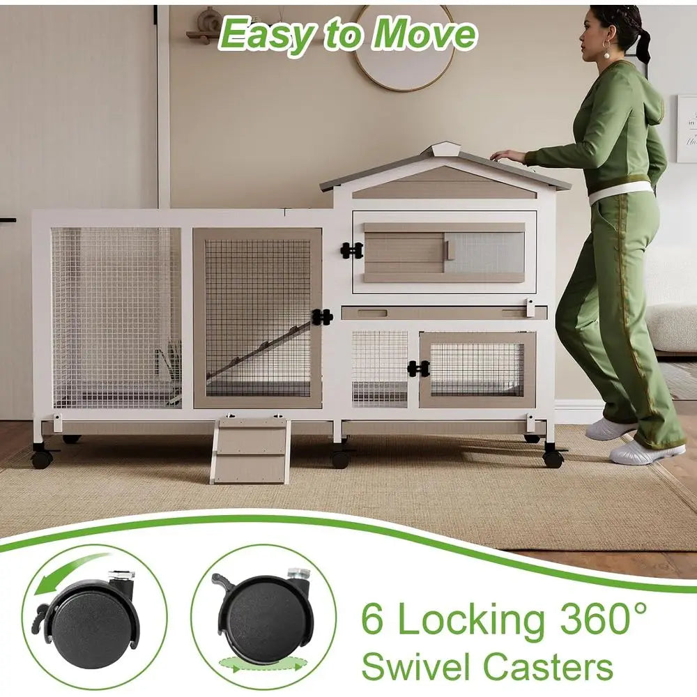 Outdoor Indoor Rabbit Hutch With 6 Wheels And Removable Trays