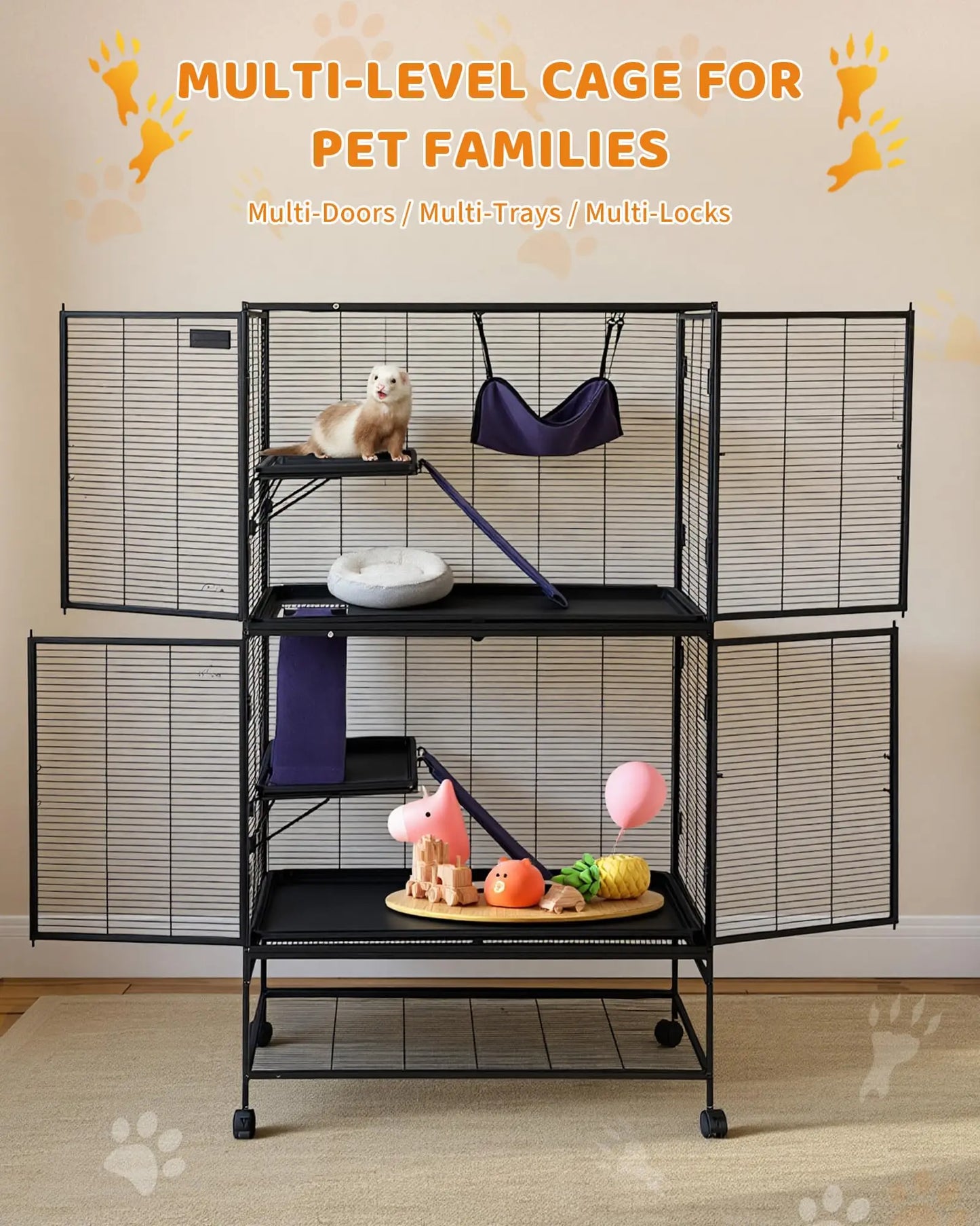 HiMISS Ferret Cage Metal Small Animal Habitat With Hammock Ramp Play Areas