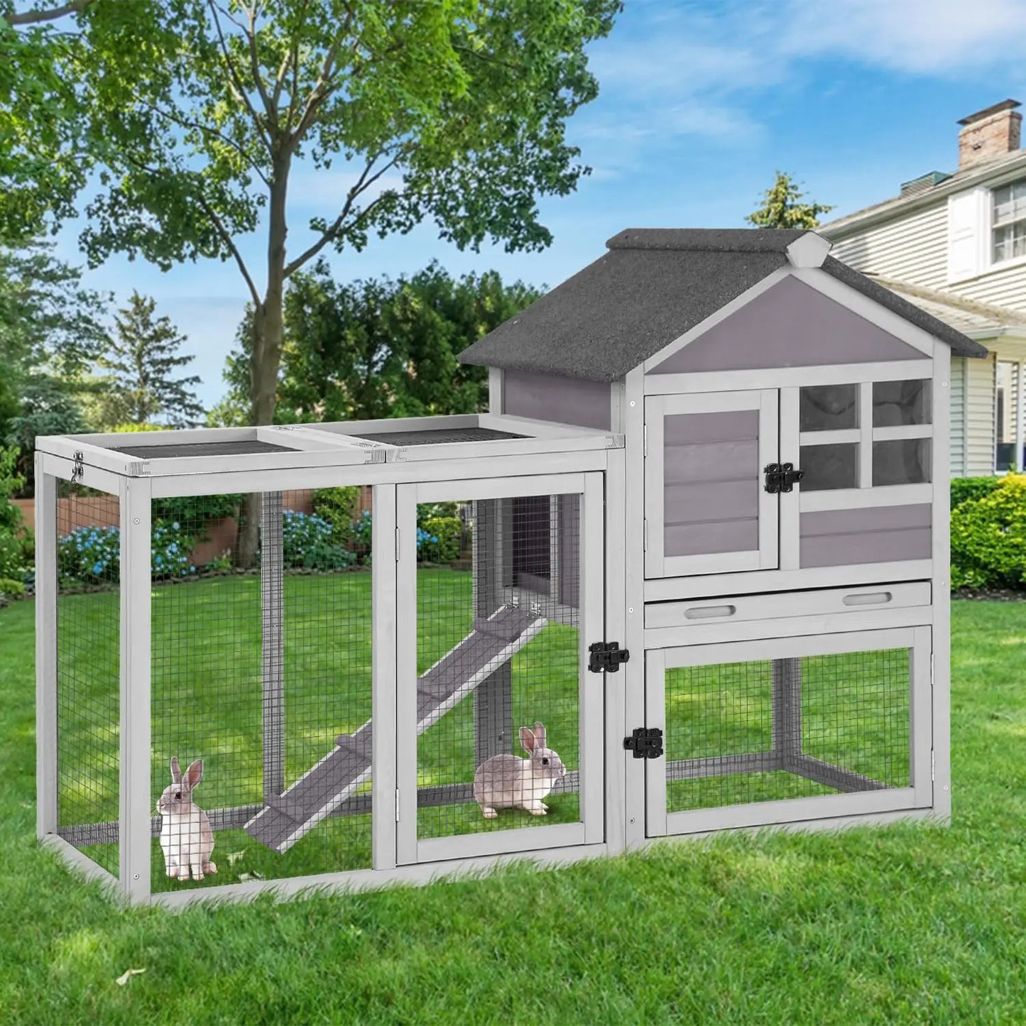 Two Story Rabbit Hutch With Chew Proof Full Metal Frame Indoor Outdoor Cage