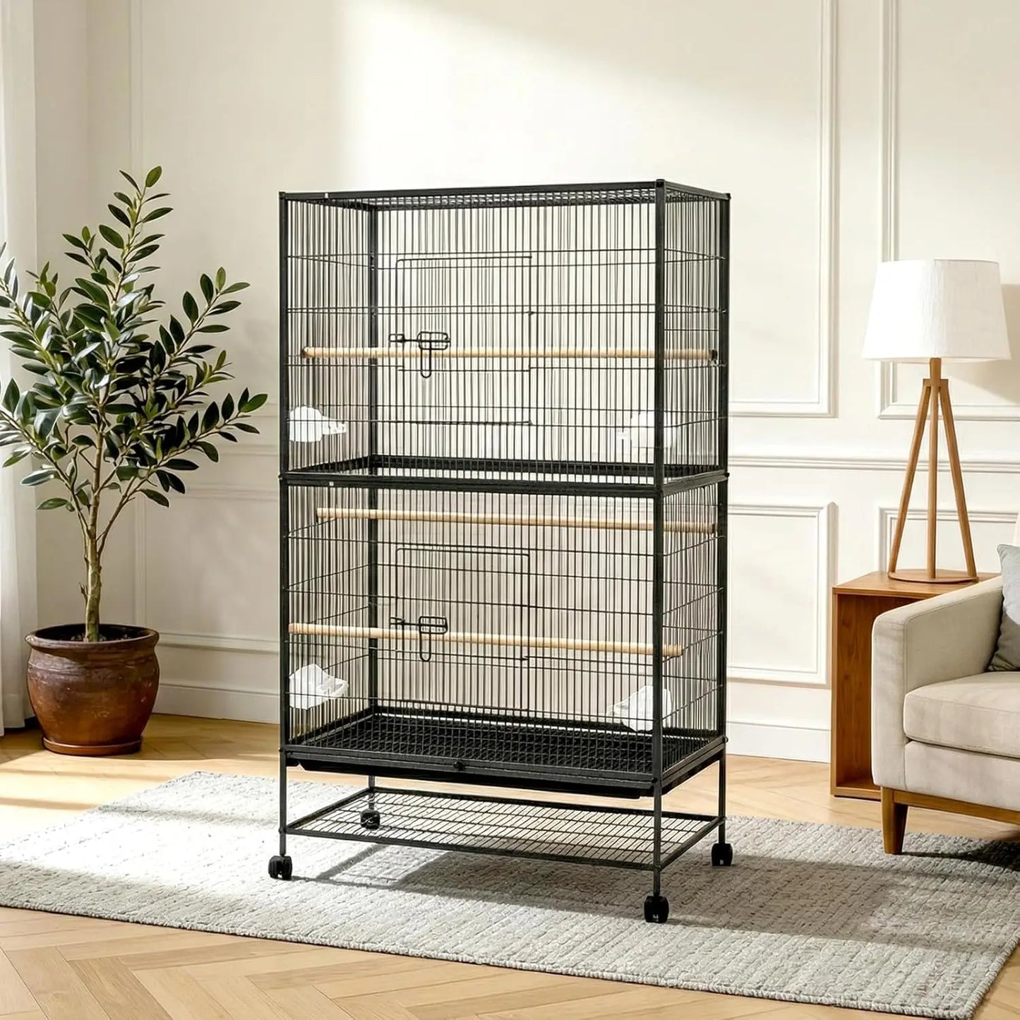 HiMISS Parakeet Cage With Rolling Storage Stands And Feed Bowls