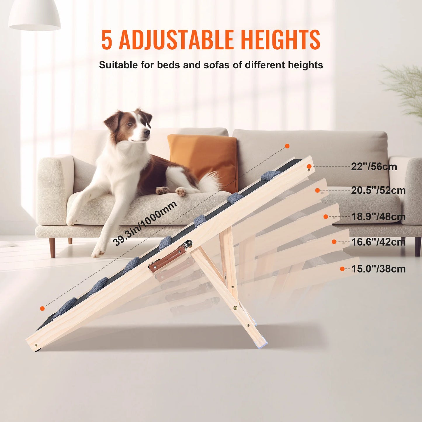 SucceBuy Dog Ramp Folding Anti Slip Adjustable Wooden Pet Ramp For Sofa Car Bed