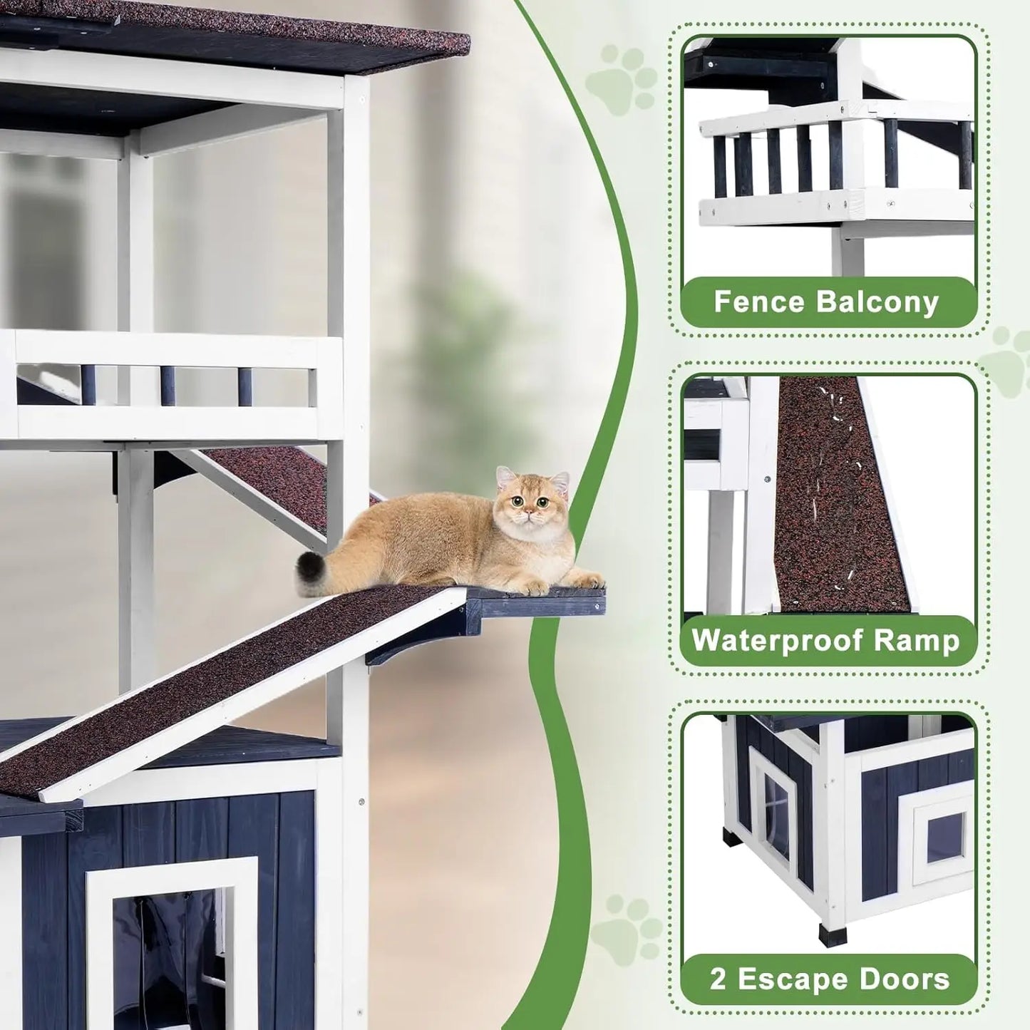 Weatherproof Wooden Outdoor Cat Tree Shelter With Escape Door Multi Level