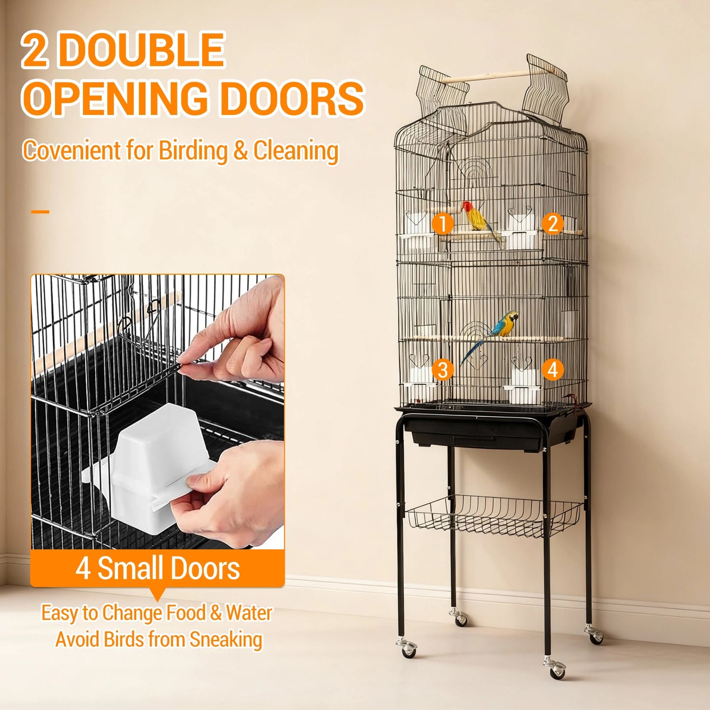 HiMISS Bird Cage With Open Rooftop Play Stand And Tray