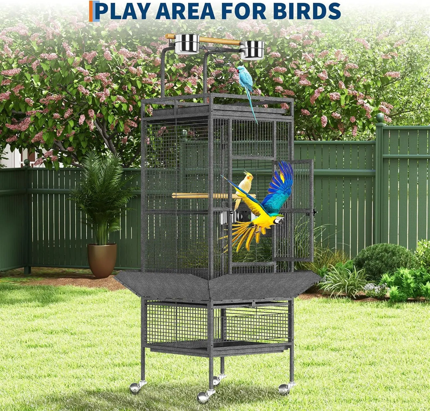 HiMISS Parrot Cage Metal Play Top With Wood Perches And Feeder