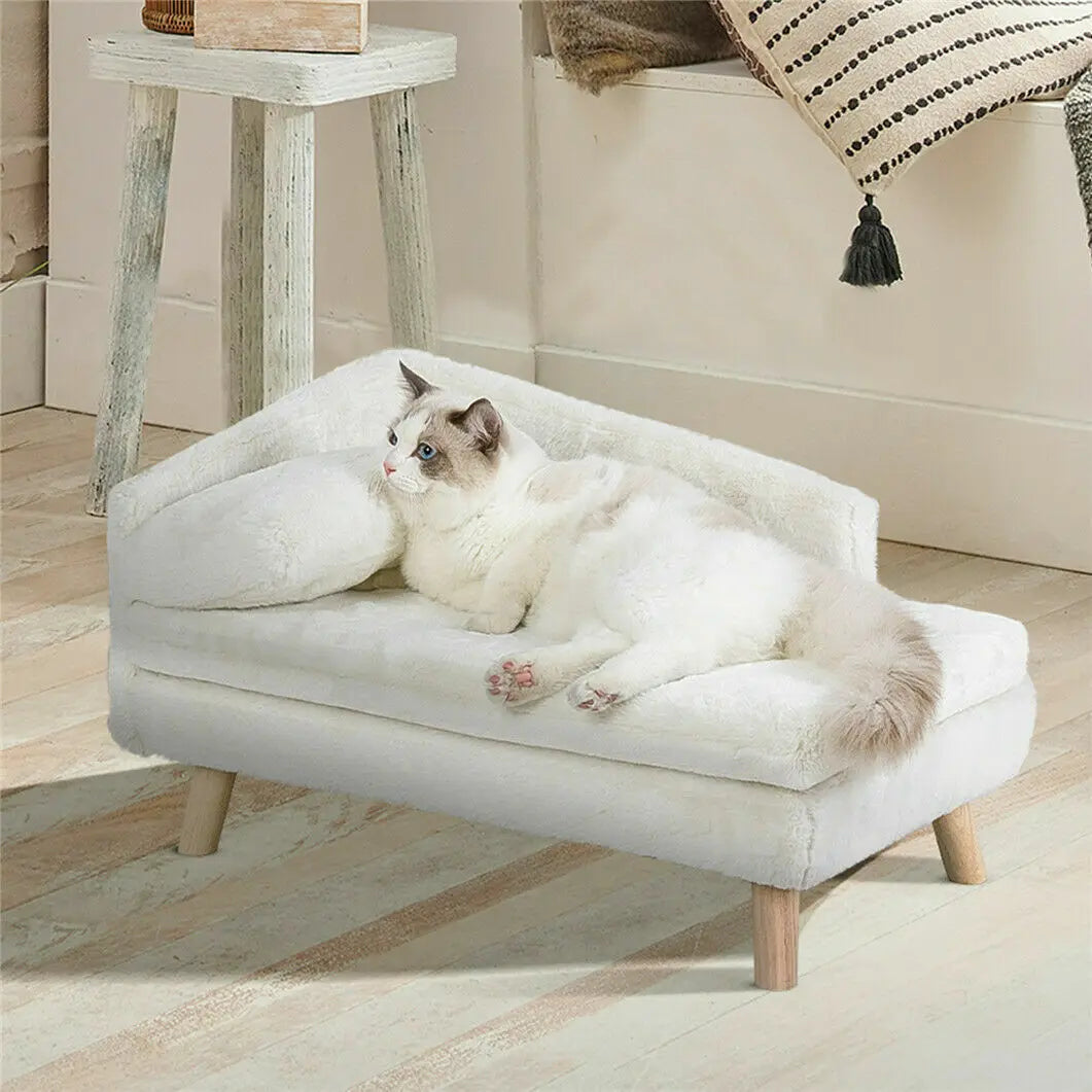 Elevated Solid Wood Leg Pet Bed For Indoor Dogs And Cats L Shape Plush Couch