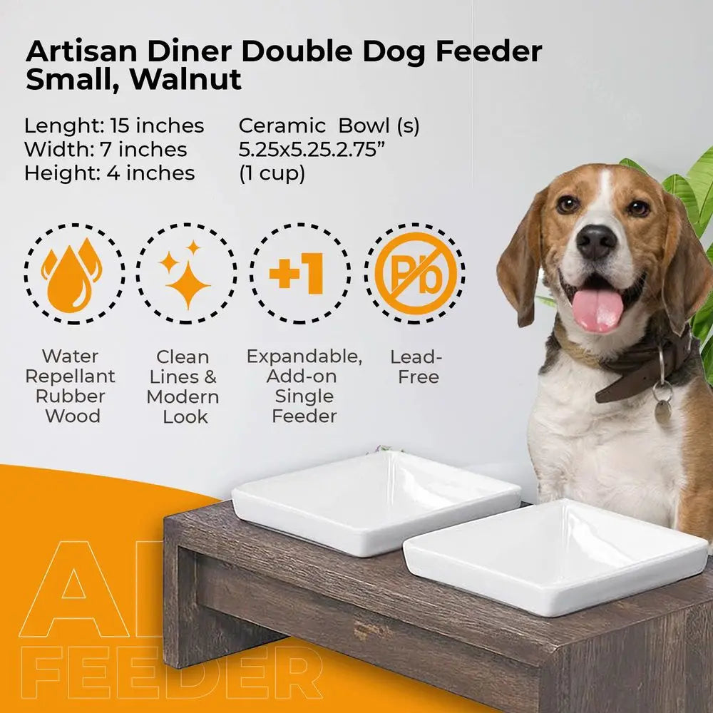Artisan Diner Double Dog Feeder With Rubberwood Frame Ceramic Bowls