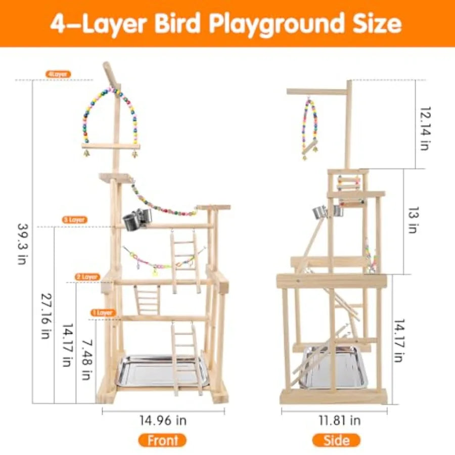 Bird Playground Parrot Playstand With Feeder Cups Swings Ladder Tray