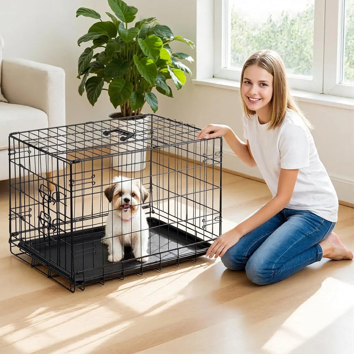 Dog Crate With LeakProof Tray Folding Metal Kennel Indoor Outdoor