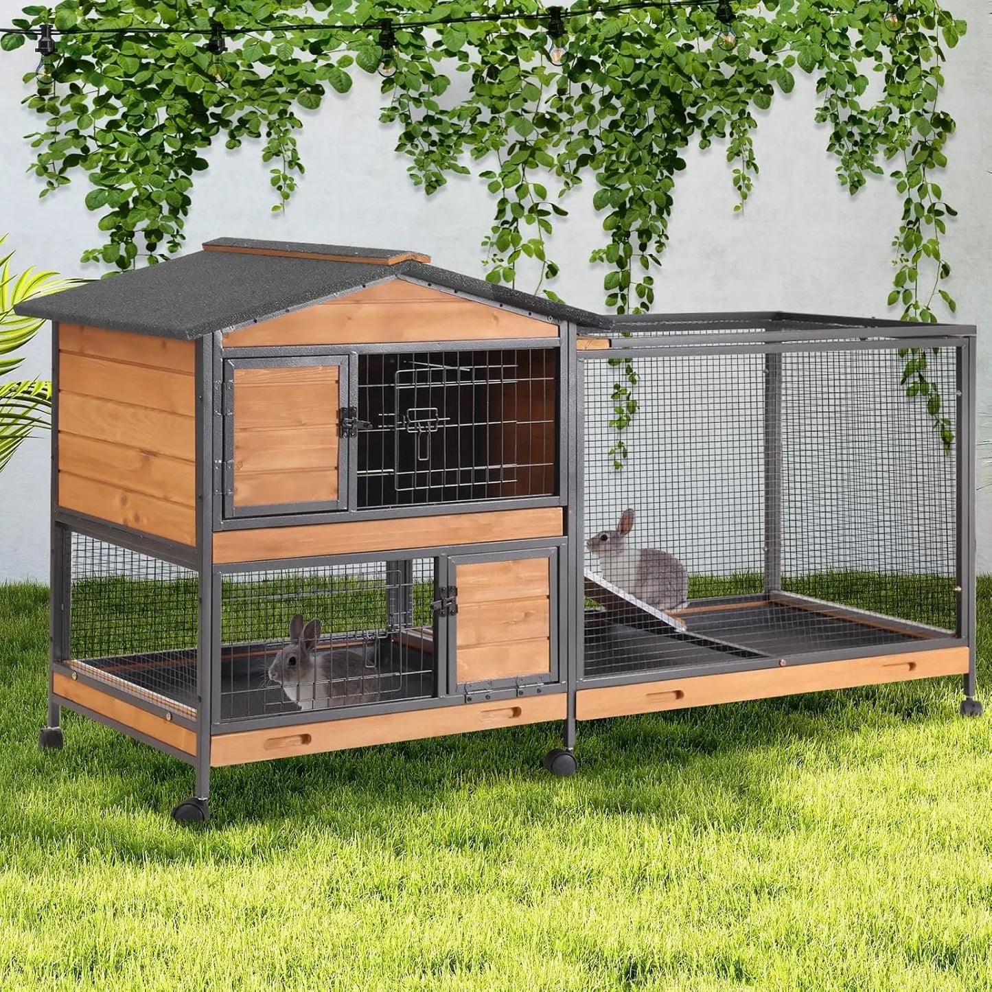 Two Story Rabbit Hutch With Chew Proof Full Metal Frame Indoor Outdoor Cage