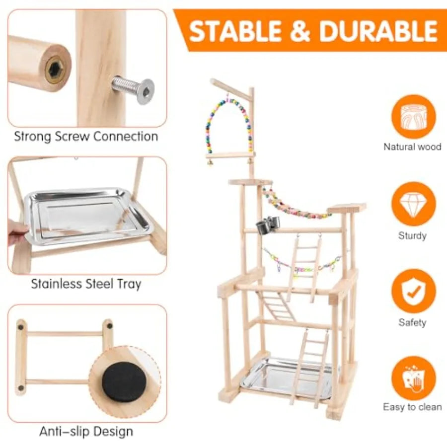 Bird Playground Parrot Playstand With Feeder Cups Swings Ladder Tray