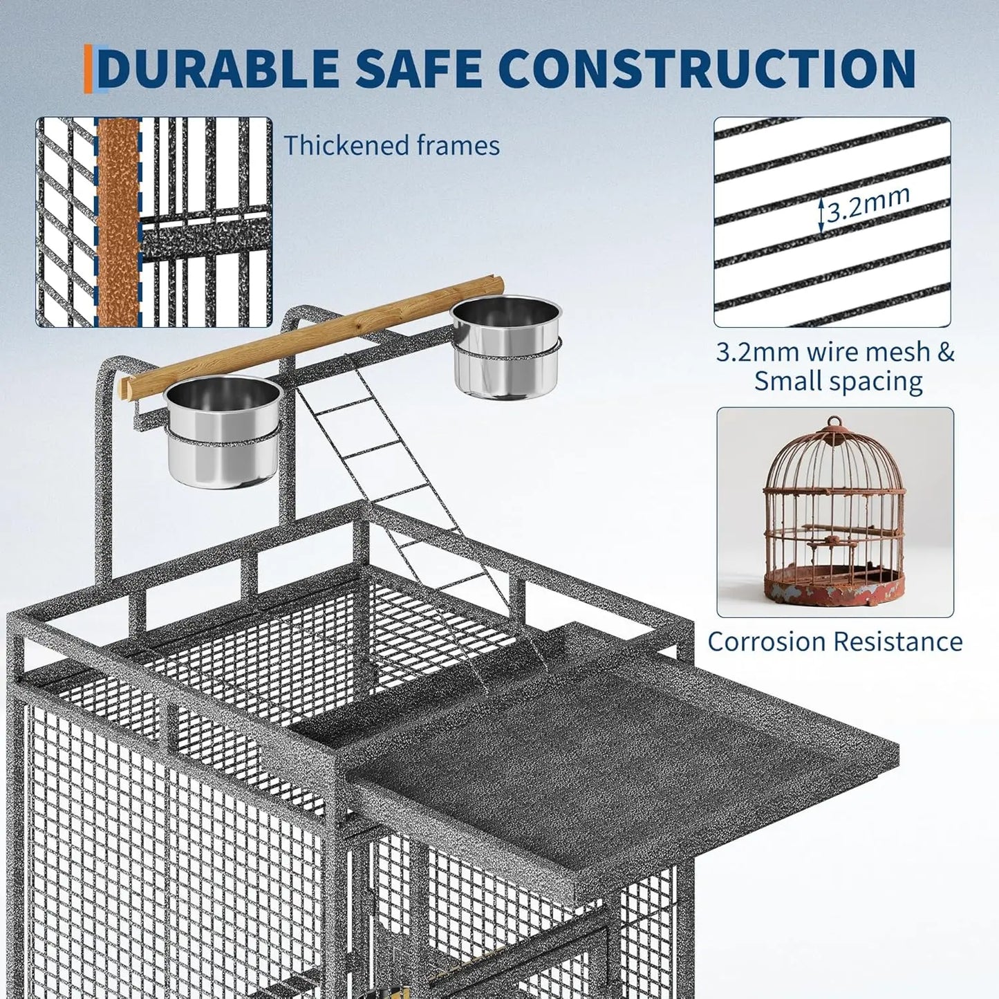 HiMISS Parrot Cage Metal Play Top With Wood Perches And Feeder