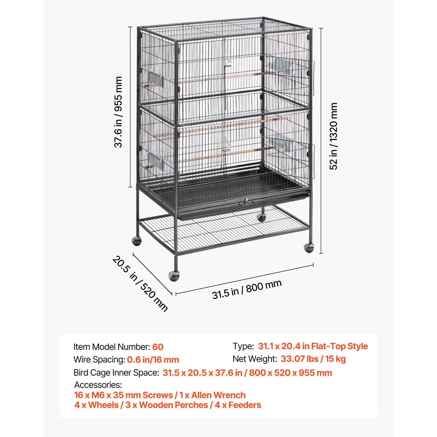 SucceBuy Wrought Iron Flight Cage Top With Perches And Casters