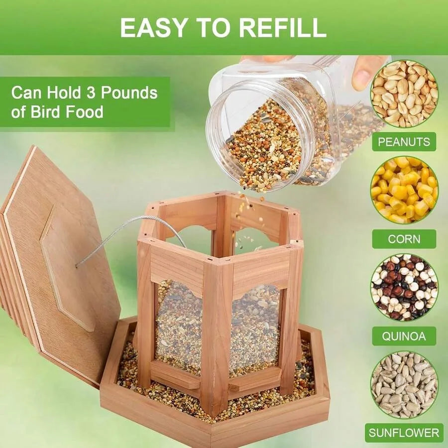 Hexagon Gazebo Style Wooden Bird Feeder Natural Cedar Hanging