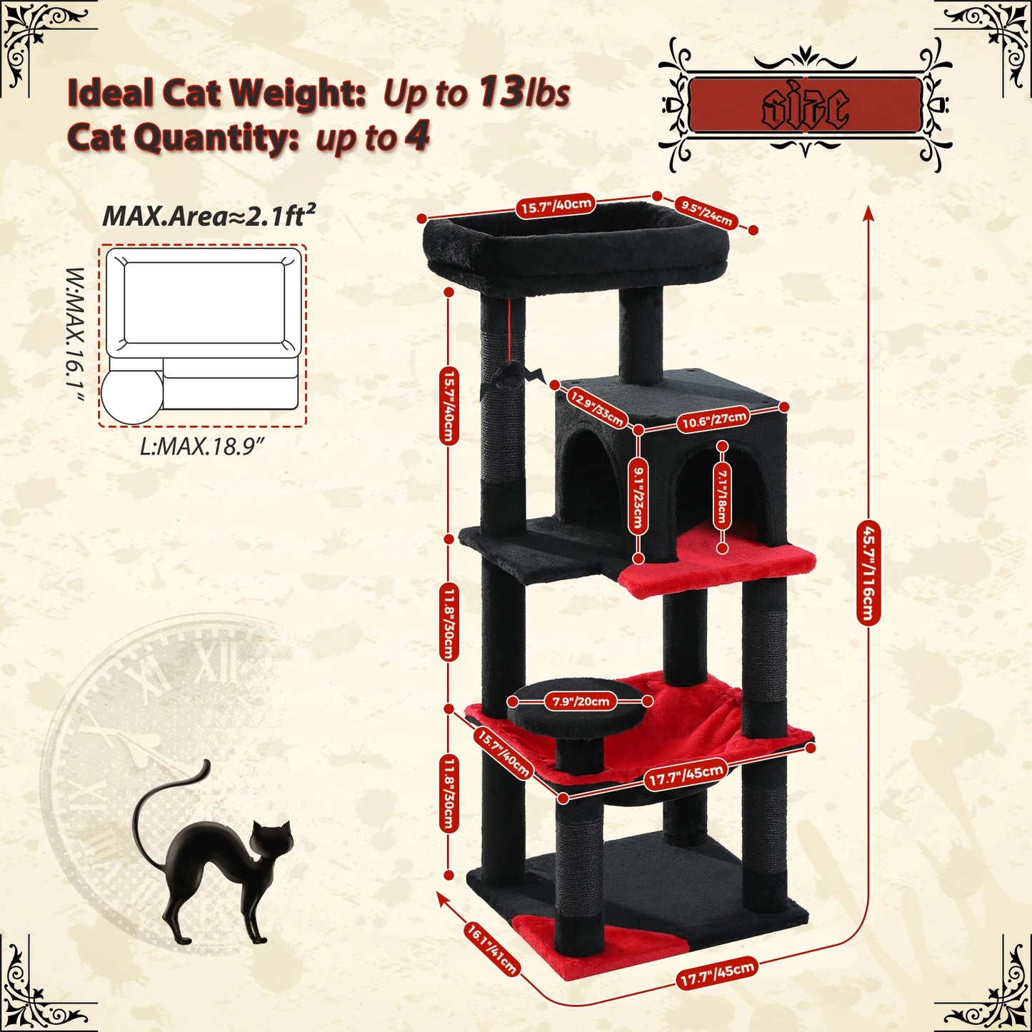 PAWZ Road Gothic Cat Tree Indoor Tower With Hammock And Scratching Post