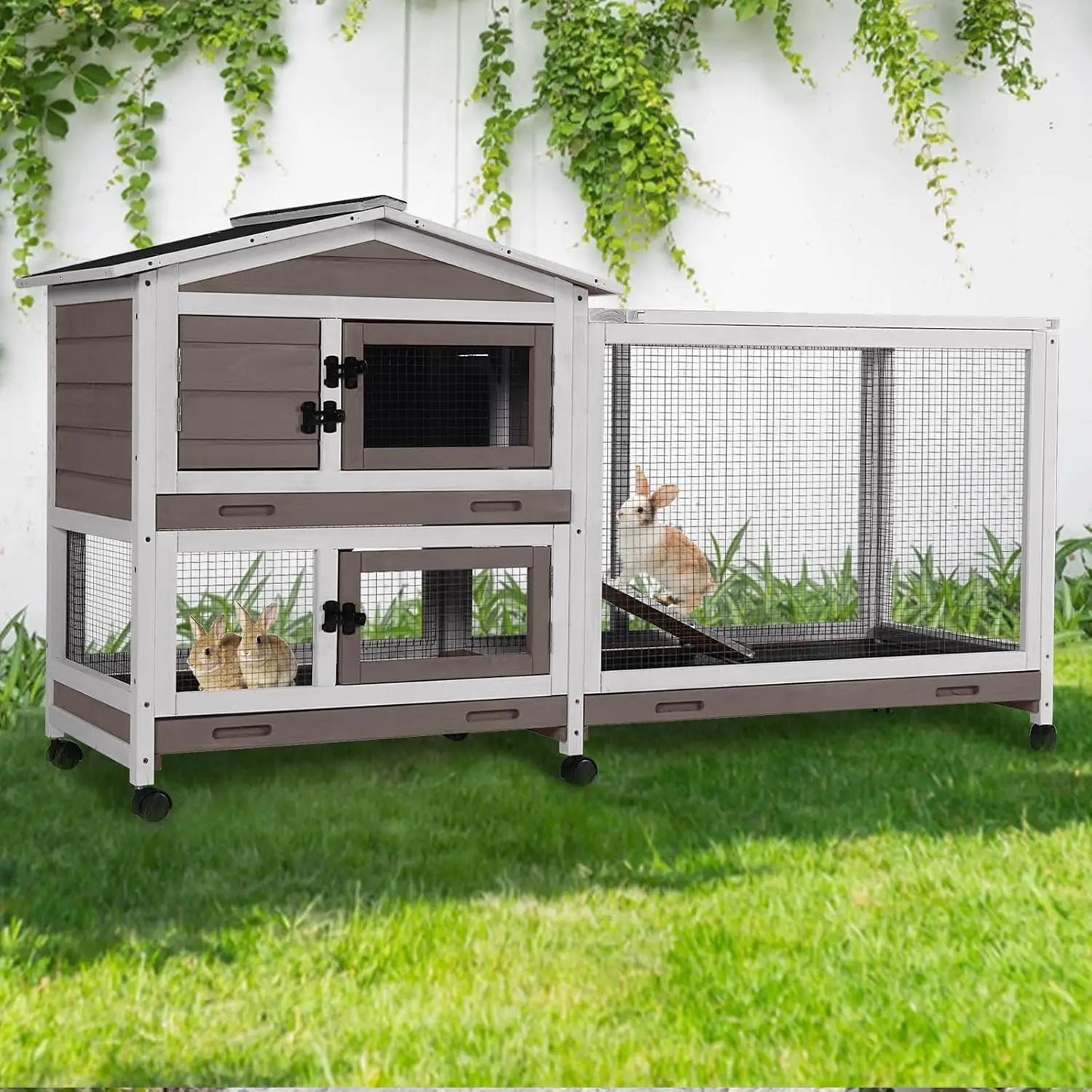 Two Story Rabbit Hutch With Chew Proof Full Metal Frame Indoor Outdoor Cage