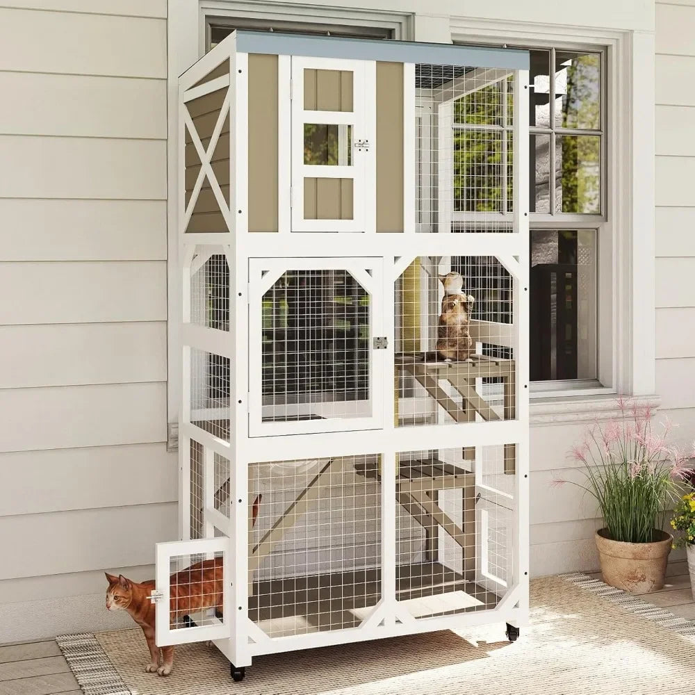 Wooden Outdoor Window Cat Enclosure With Wheels And Platforms