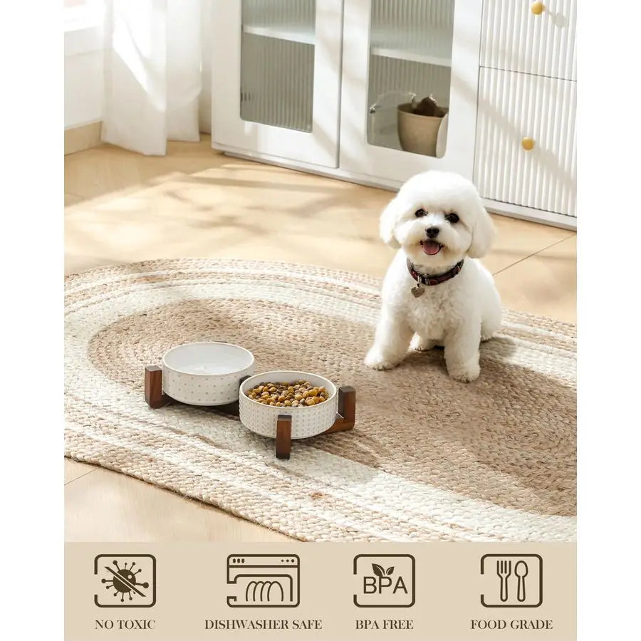 Walnut Wood Dog Bowl Set With Ceramic Dual Bowls Non Slip