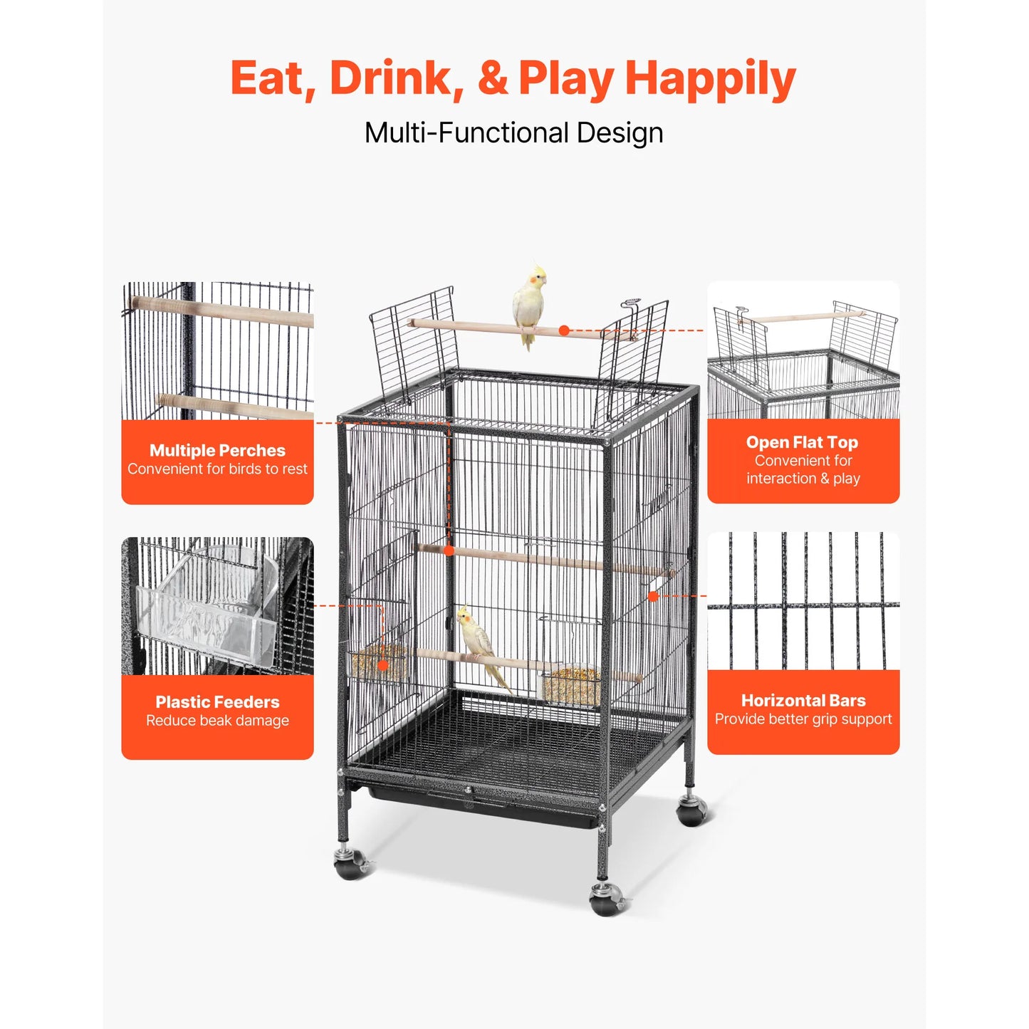 SucceBuy Wrought Iron Flight Cage Top With Perches And Casters