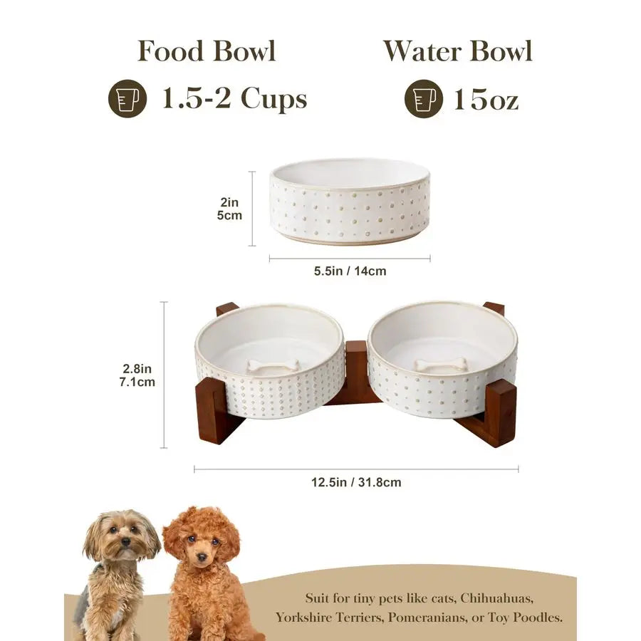 Walnut Wood Dog Bowl Set With Ceramic Dual Bowls Non Slip